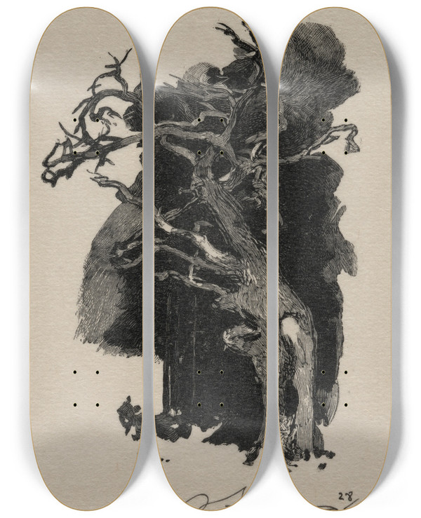 Triptych art skateboard deck of Auguste Louis Lepre Le Rageur by Auguste Louis Lepere (1849-1918)
