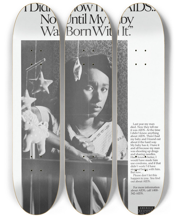 Triptych art skateboard deck of Centers For Disease Control And Prevention I Didnt Know I Had Aids Not Until My Baby Was Born With It by Centers for Disease Control and Prevention (1946)
