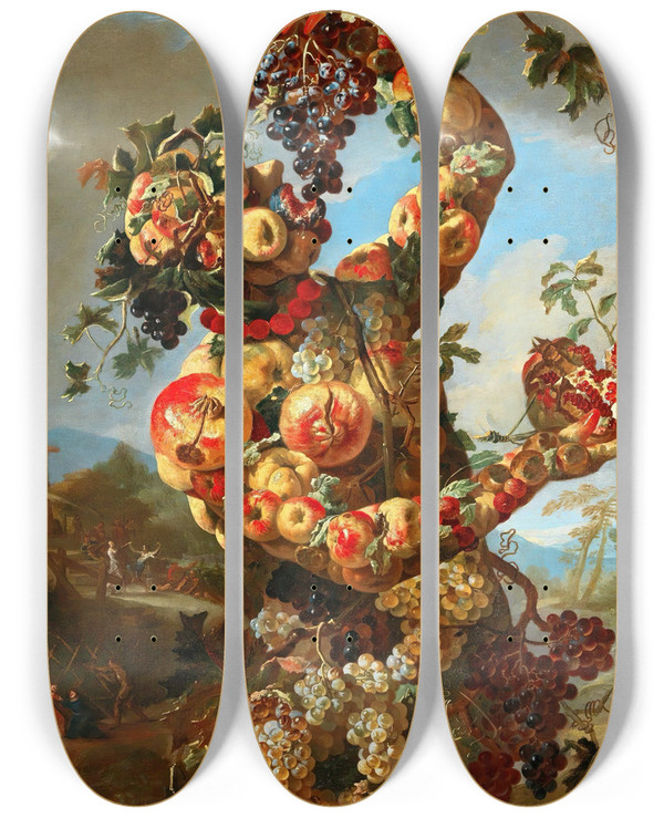 Triptych art skateboard deck of Giovanni Paolo Castelli Anthropomorphic Allegory Of Autumn by Giovanni Paolo Castelli (1659-1730)