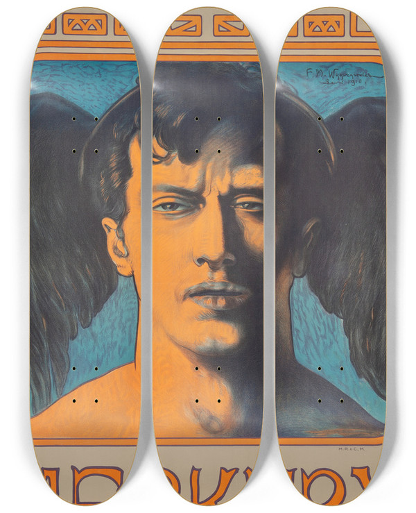 Triptych art skateboard deck of Feliks Wygrzywalski Merkury by Feliks Wygrzywalski (1875-1944)