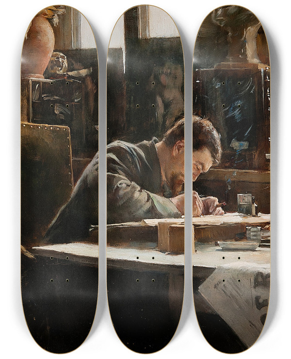 Triptych art skateboard deck of Ivar Nyberg An Artist Drawing Victor Andrn by Ivar Nyberg (1855-1925)
