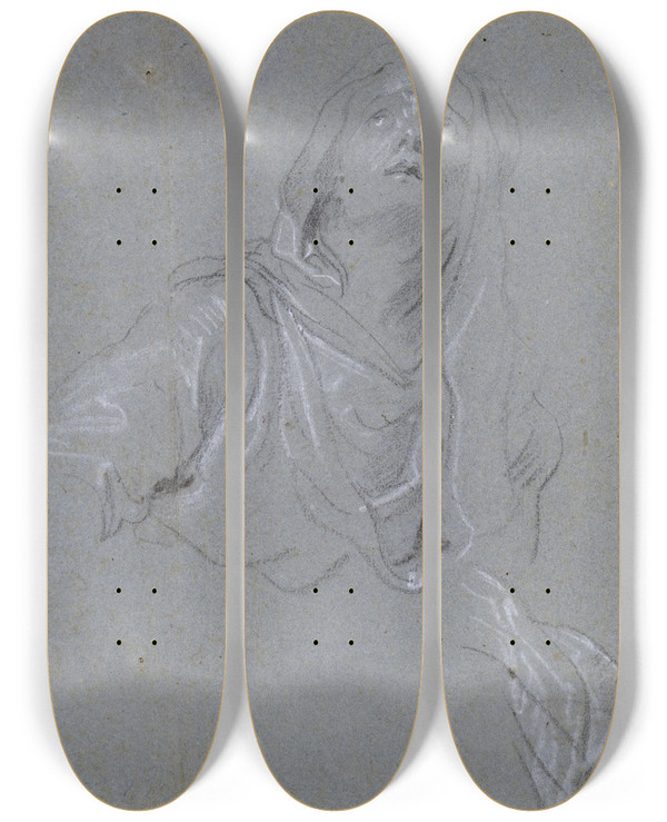 Triptych art skateboard deck of Anthony Van Dyck Study Of A Madonna Looking Upward by Anthony Van Dyck (1599-1641)