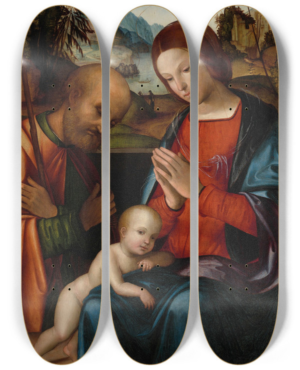 Triptych art skateboard deck of Lorenzo Costa The Holy Family_2 by Lorenzo Costa (1460-1535)