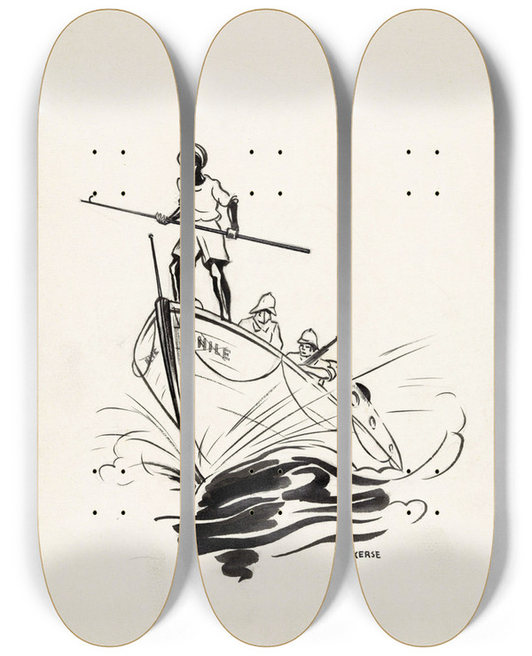 Triptych art skateboard deck of F Ockerse Drie Mannen Op Een Boot by F Ockerse (20-)