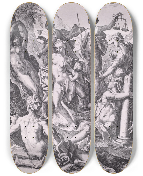 Triptych art skateboard deck of Jacob Matham The Seven Virtues by Jacob Matham (1571-1631)