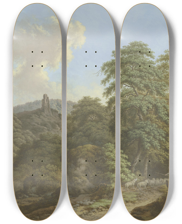 Triptych art skateboard deck of Johann Albrecht Friedrich Rauscher Blick Auf Eine Burgruine Im Vordergrund Ein Schfer Mit Herde by Johann Albrecht Friedrich Rauscher (1754-1808)