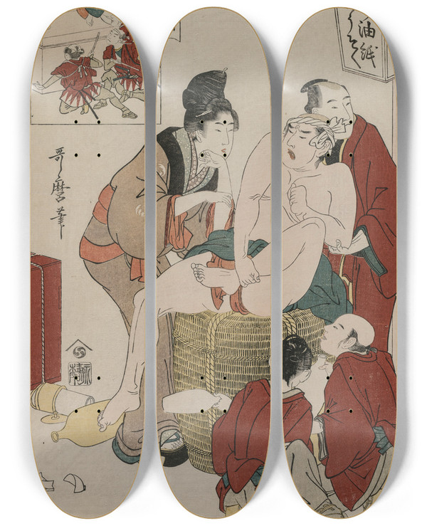 Triptych art skateboard deck of Kitagawa Utamaro Chushingura Act X Of The Storehouse Of Loyalty by Kitagawa Utamaro (1753-1806)
