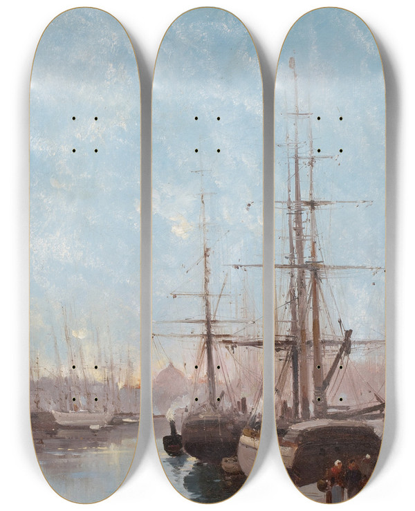 Triptych art skateboard deck of Eugne Galienlaloue Harbor Scene by Eugene Galien Laloue (1854-1941)