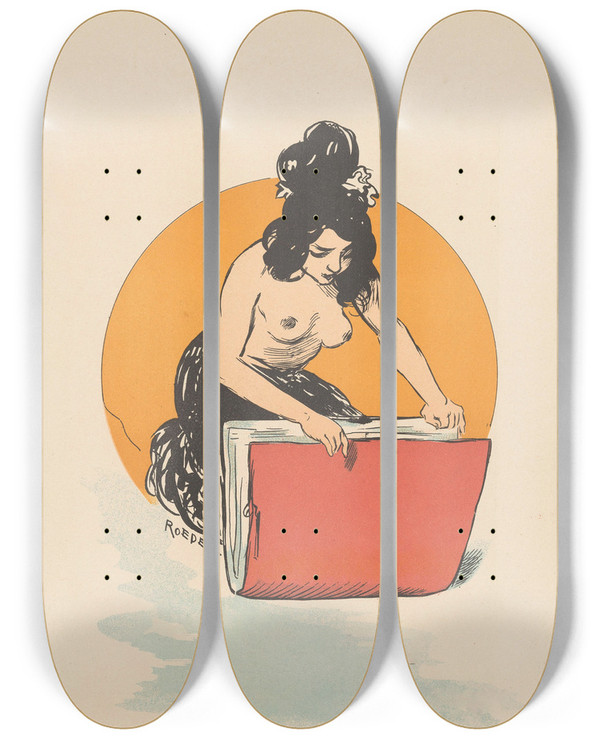 Triptych art skateboard deck of Auguste Roedel Affiche Voor Boek En Prenthandel Fallou Te Parijs by Auguste Roedel (1859-1900)