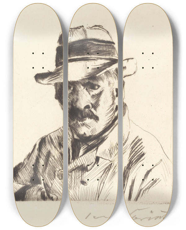 Triptych art skateboard deck of Lovis Corinth Selfportrait In A Straw Hat Selbstbildnis Im Strohhut by Lovis Corinth (1858-1925)