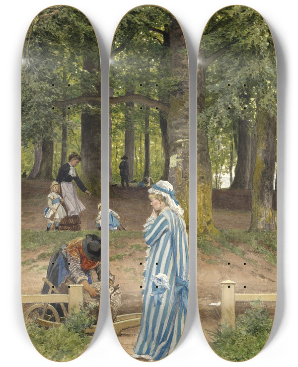 Triptych art skateboard deck of Anton Von Werner The Artists Wife And Daughters In A Park At Heringsdorf by Anton von Werner (1843-1915)