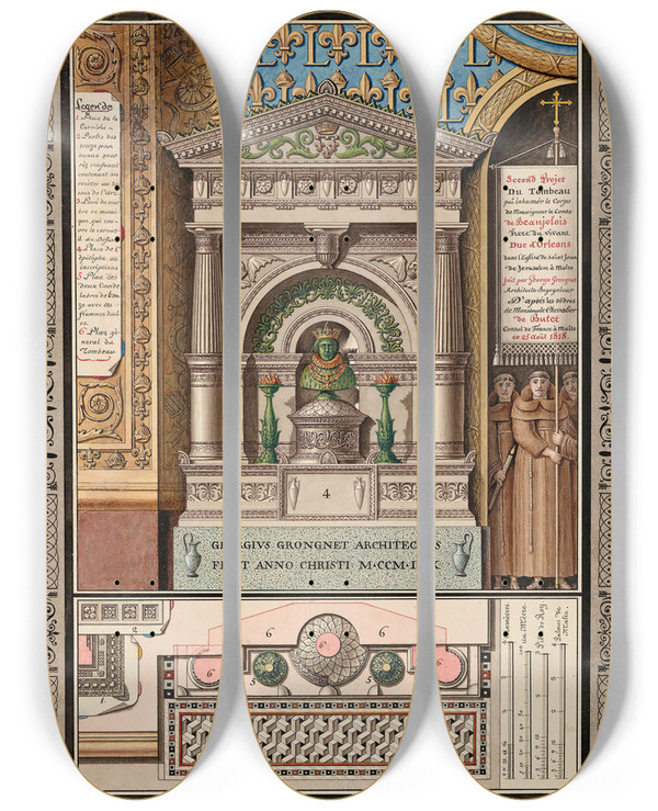 Triptych art skateboard deck of George Grongnet De Vass Trois Projets Pour Le Tombeau De Louischarles Dorlans by George Grongnet De Vasse (1774-1862)