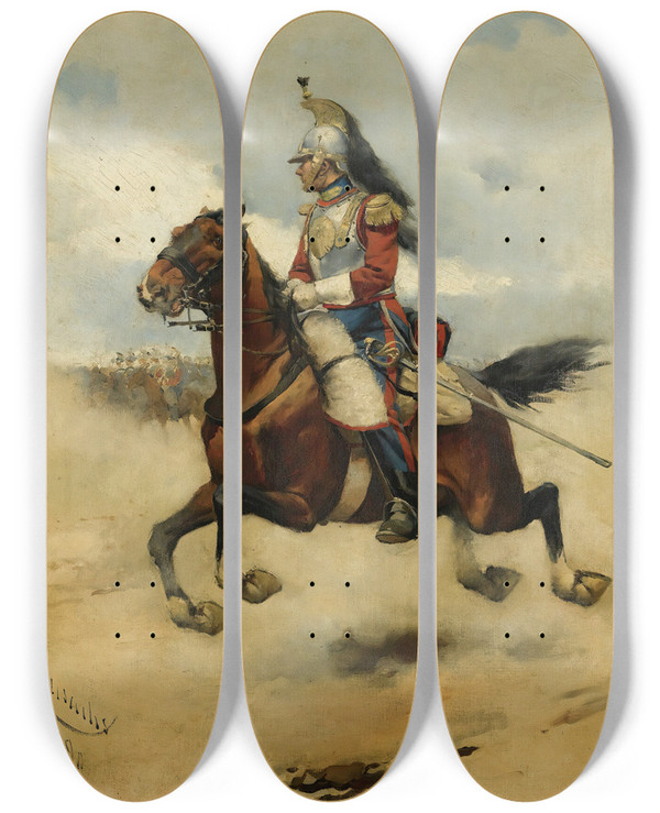 Triptych art skateboard deck of Jos Cusachs Oficial De Caballeracharging Cavalry Officer by Jose Cusachs (1850-1909)