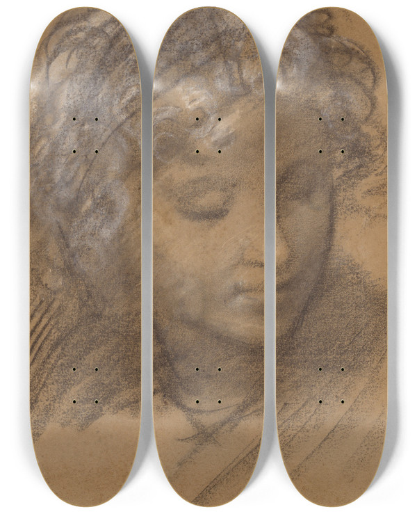 Triptych art skateboard deck of Giulio Cesare Procaccini Head Of A Female Figure by Giulio Cesare Procaccini (1574-1625)