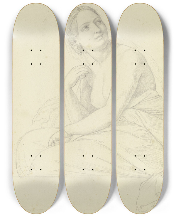 Triptych art skateboard deck of Julius Schnorr Von Carolsfeld Halbakt Einer Sitzenden Jungen Frau Gegen Links by Julius Schnorr Von Carolsfeld (1794-1872)