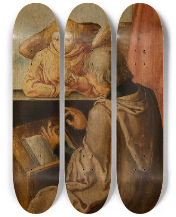 Triptych art skateboard deck of Lucas Van Leyden Saint Matthew by Lucas Van Leyden (1494-1533)