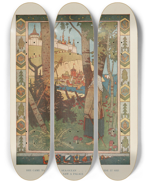 Triptych art skateboard deck of Ivan Bilibin She Came To The Blue Seaocean by Ivan Bilibin (1876-1942)