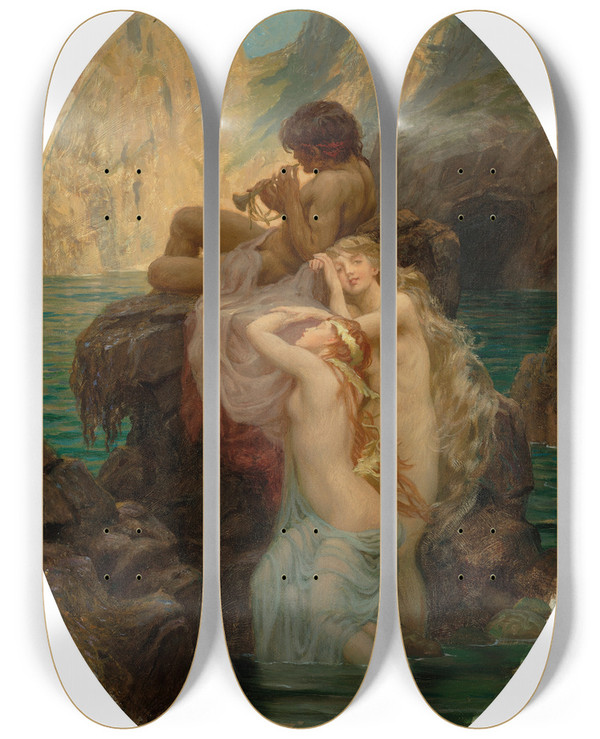 Triptych art skateboard deck of Herbert James Draper Sea Melodies by Herbert James Draper (1864-1920)