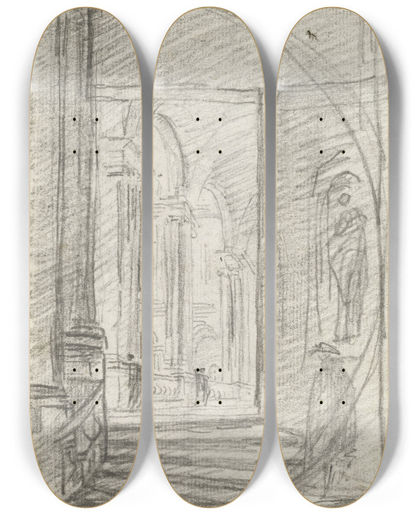 Triptych art skateboard deck of Hubert Robert Interior Of A Roman Palace by Hubert Robert (1733-1808)