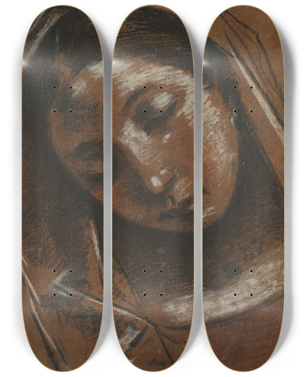 Triptych art skateboard deck of Giacomo Cavedone Head Of The Virgin by Giacomo Cavedone (1577-1660)