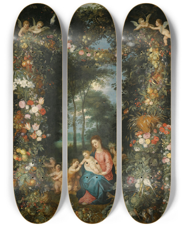 Triptych art skateboard deck of Jan Brueghel The Younger The Virgin And Child With The Infant St John The Baptist Surrounded By Garlands And Swags Of Fruit And Flowers by Jan Brueghel the Younger (1601-1678)