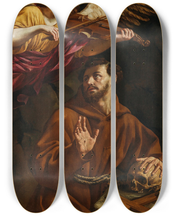 Triptych art skateboard deck of Francesco Cozza Saint Francis Being Comforted By An Angel by Francesco Cozza (1605-1682)