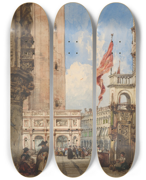 Triptych art skateboard deck of William Wyld St Marks Square Venice With Loggetta by William Wyld (1806-1889)