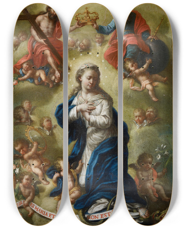 Triptych art skateboard deck of Bernardo Lorente Germn The Coronation Of The Virgin by Bernardo Lorente German (1685-1757)