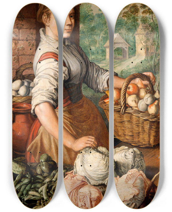 Triptych art skateboard deck of Joachim Beuckelaer Girl With Vegetables by Joachim Beuckelaer (1530-1574)