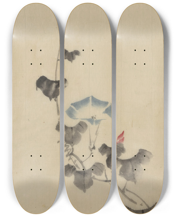 Triptych art skateboard deck of Katsushika Hokusai Blue Blossom Of Morning Glory On Vine by Katsushika Hokusai (1760-1849)
