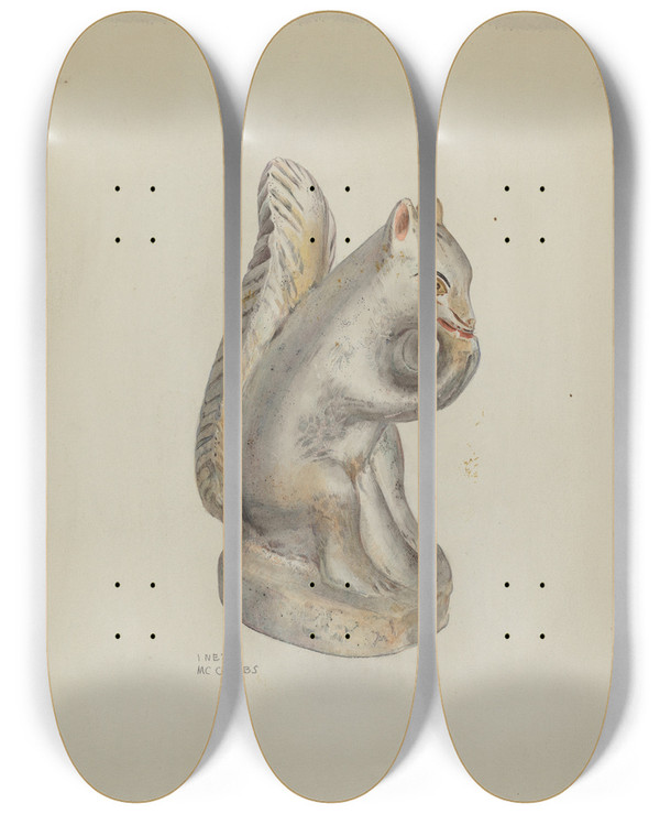 Triptych art skateboard deck of Inez Mccombs Pa German Chalkware Squirrel by Inez Mccombs