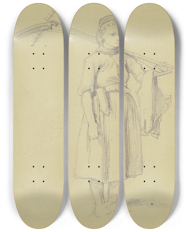 Triptych art skateboard deck of Jakob Becker Bauernmdchen Mit Geschultertem Gert by Jakob Becker (1810-1872)