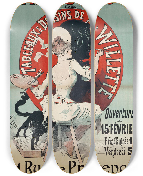 Triptych art skateboard deck of Jules Chret Exposition De Tableaux And Dessins De A Willette by Jules Cheret (1836-1932)