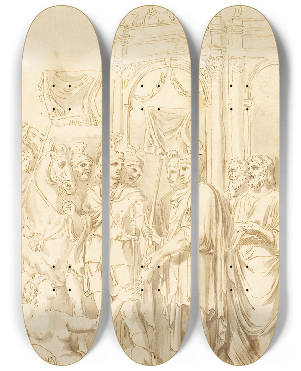Triptych art skateboard deck of Andrea Mantegna Roman Senators And Soldiers by Andrea Mantegna (1431-1506)