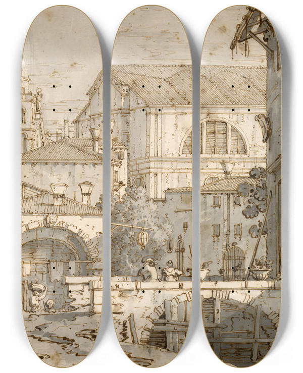 Triptych art skateboard deck of Canaletto Architectural Capriccio by Canaletto (1697-1768)