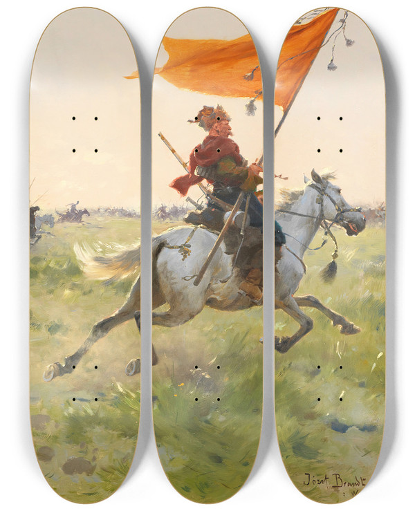 Triptych art skateboard deck of Jozef Brandt Standartenreiter Auf Dem Schlachtfeld by Jozef Brandt (1841-1915)