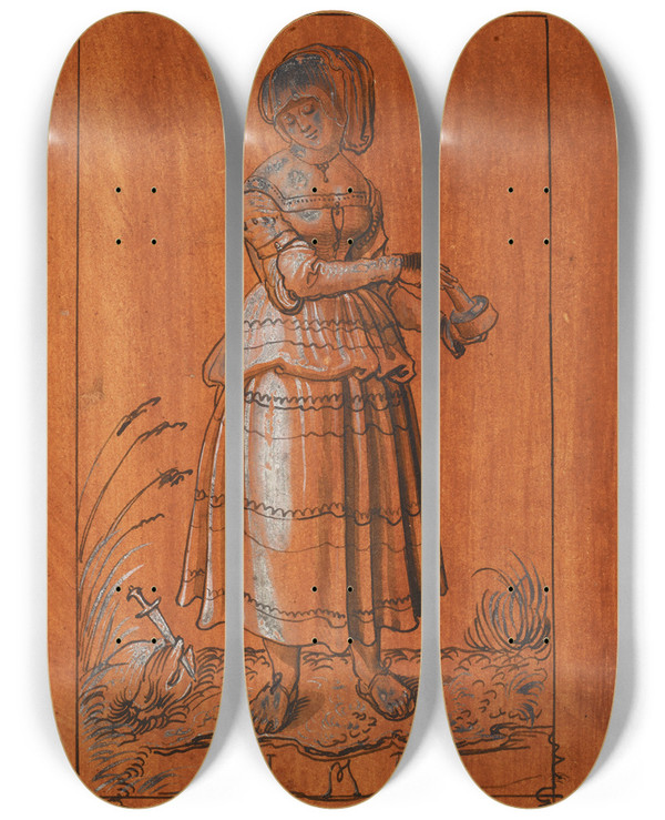 Triptych art skateboard deck of Niklaus Manuel Trichte Jungfrau by Niklaus Manuel (1484-1530)