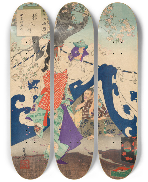 Triptych art skateboard deck of Toshikata Mizuno A Puppet Made From A Bucket A Lady Of The Enp Era 16731681 From The Series Thirtysix Elegant Selections by Toshikata Mizuno (1866-1908)
