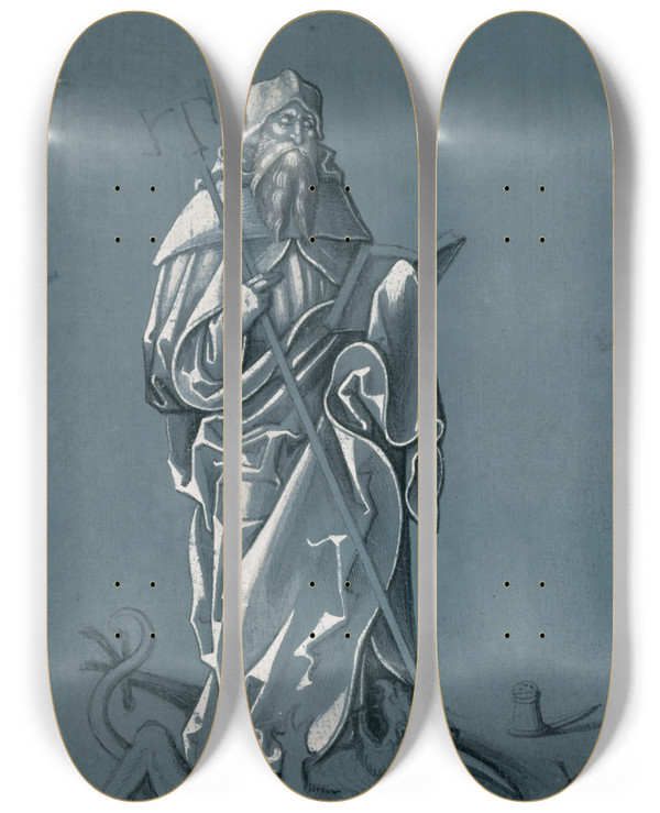Triptych art skateboard deck of Urs Graf Der Hl Antonius Auf Dem Teufel Stehend by Urs Graf (1485-1527)