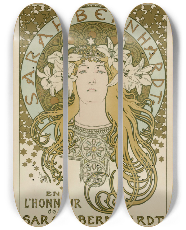 Triptych art skateboard deck of Alphonse Mucha En Lhonneur De Sarah Bernhardt Ses Admirateurs Et Ses Amis by Alphonse Mucha (1860-1939)