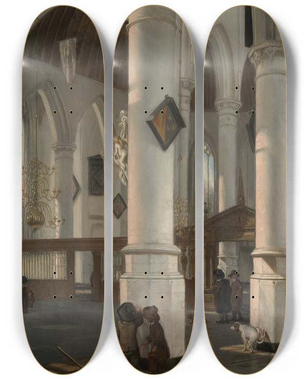 Triptych art skateboard deck of Emanuel De Witte Interior Of The Oude Kerk Delft_1 by Emanuel de Witte (1617-1692)