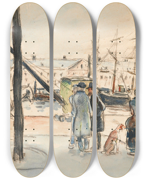Triptych art skateboard deck of Camille Pissarro Les Quais Rouen by Camille Pissarro (1830-1903)