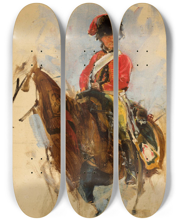 Triptych art skateboard deck of Maksymilian Gierymski Sketch Of A Horseman Hussar by Maksymilian Gierymski (1846-1874)