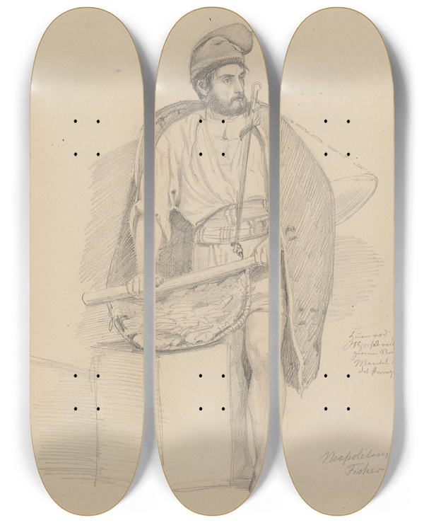 Triptych art skateboard deck of Adolph Tidemand Napolitansk Fisker by Adolph Tidemand (1814-1876)