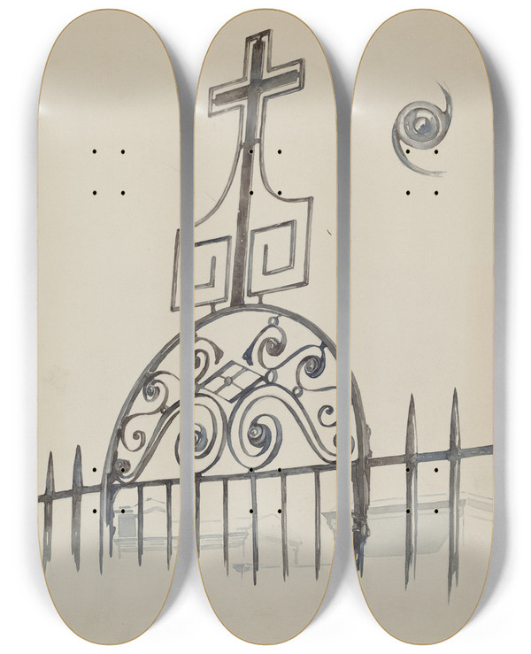 Triptych art skateboard deck of Arelia Arbo Iron Cross Gate Ornament by Arelia Arbo
