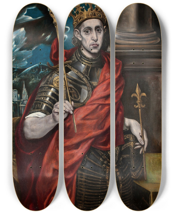 Triptych art skateboard deck of Workshop Of El Greco St Louis King Of France by Workshop Of El Greco (1541-1614)