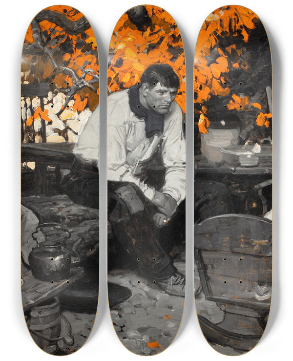 Triptych art skateboard deck of Dean Cornwell Babysitting by Dean Cornwell (1892-1960)