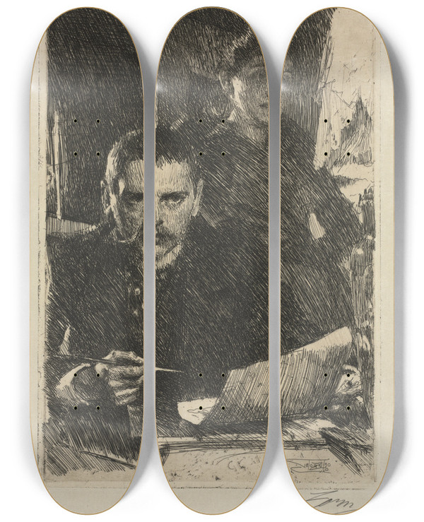 Triptych art skateboard deck of Anders Zorn The Artist And His Wife by Anders Zorn (1860-1920)