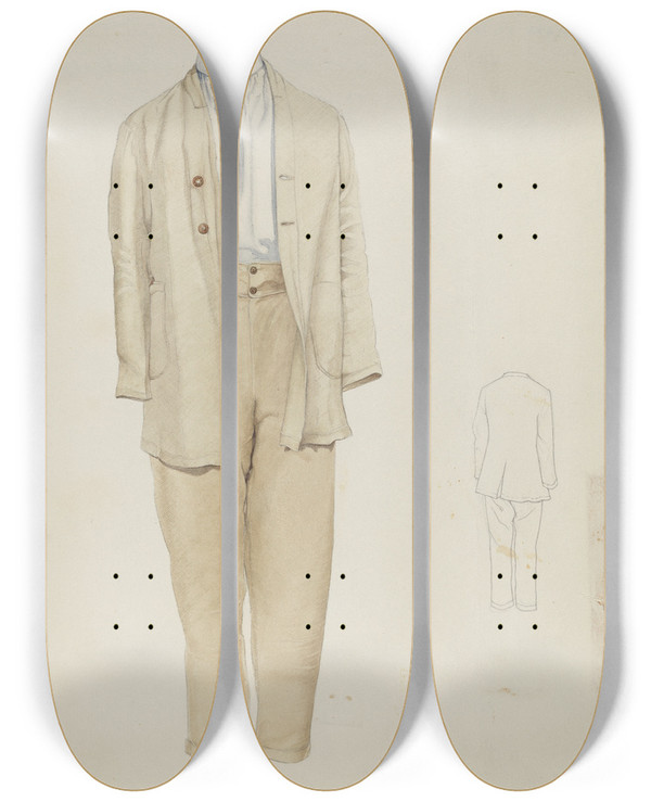 Triptych art skateboard deck of Helen E Gilman Shaker Mans Costume by Helen E Gilman