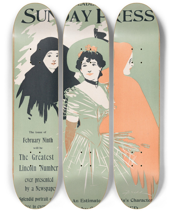 Triptych art skateboard deck of George Reiter Brill Advertisement For Philadelphia Sunday Press Ferbuary 9 1896 by George Reiter Brill (1867-1918)